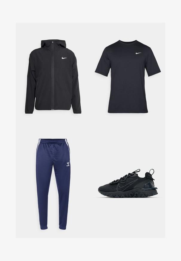 Czarna kurtka Nike z kapturem, pełnym zamkiem z przodu i subtelnym białym logo na lewej piersi. Gładka tekstura i lekka konstrukcja.; Czarna koszulka Nike z krótkim rękawem wykonana z gładkiego materiału, z białym logo swoosh na górnej lewej stronie, okrągły dekolt.; Granatowe spodnie sportowe wykonane z gładkiego materiału, z białymi paskami po bokach, elastycznym pasem w talii i logo na lewym udzie.; Czarne sportowe buty z przewiewną siateczką na cholewce, teksturowanymi akcentami i falistą gumową podeszwą. Zawierają odblaskowe logo oraz system sznurowania.