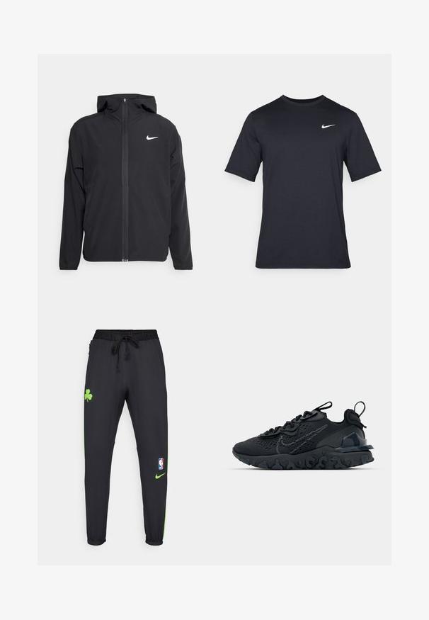 Melna Nike jakna ar kapuci, pilnu priekšējo rāvējslēdzēju un smalku baltu logotipu kreisajā krūtī. Gluda tekstūra un viegla konstrukcija.; Melnas īsām piedurknēm Nike t-krekls, izgatavots no gludas auduma, ar baltu swoosh logotipu augšējā kreisajā pusē, apaļu kakla izgriezumu.; Melnas sporta bikses ar zaļu četrlapu āboliņu dizainu un NBA logo, ar sānu svītrām un elastīgu jostasvietu ar auklu.; Melnas sporta kurpes ar elpojošu sieta augšdaļu, teksturētām akcentiem un viļņotu gumijas zoli. Iekļauj atstarojošu logotipu un šņorēšanas sistēmu.