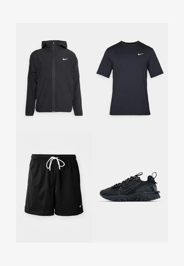Melna Nike jakna ar kapuci, pilnu priekšējo rāvējslēdzēju un smalku baltu logotipu kreisajā krūtī. Gluda tekstūra un viegla konstrukcija.; Melnas īsām piedurknēm Nike t-krekls, izgatavots no gludas auduma, ar baltu swoosh logotipu augšējā kreisajā pusē, apaļu kakla izgriezumu.; Melni acu auduma sporta šorti ar baltu auklu, ar mazu baltu Nike logo apakšējā labajā stūrī.; Melnas sporta kurpes ar elpojošu sieta augšdaļu, teksturētām akcentiem un viļņotu gumijas zoli. Iekļauj atstarojošu logotipu un šņorēšanas sistēmu.