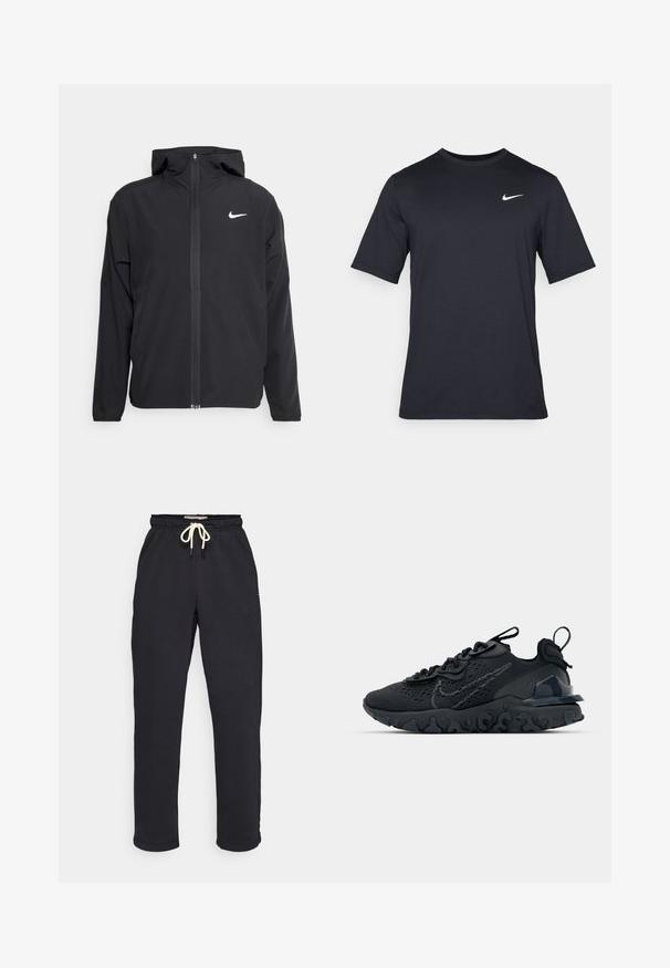 Sort Nike-jakke med hætte, fuld frontlynlås og et diskret hvidt logo på venstre bryst. Glat tekstur og letvægtsdesign.; Sort kortærmet Nike t-shirt lavet af glat stof, med et hvidt swoosh-logo på øverste venstre side, rund halsudskæring.; Mørkegrå sweats, lavet af en bomuldsblanding, med elastisk talje og beige snor samt tætsiddende manchetter ved anklerne.; Sort atletisk sko med en åndbar mesh-overdel, teksturerede detaljer og en bølget gummisål. Har reflekterende logo og snørresystem.
