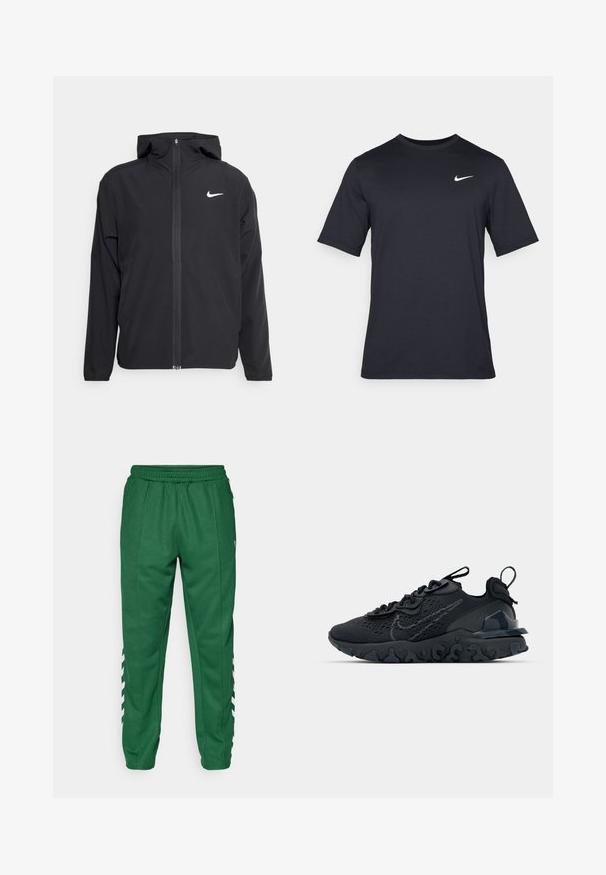 Casaco Nike preto com capuz, fecho frontal completo e um logótipo branco discreto no lado esquerdo do peito. Textura suave e design leve.; T-shirt Nike preto de manga curta, feito de um tecido suave, com um logo swoosh branco no lado superior esquerdo, gola redonda.; Calças de atletismo verdes com um cós elástico, bolsos laterais e riscas anguladas brancas nos lados inferiores. Textura de tecido suave.; Sapatilha atlética preta com parte superior de malha respirável, detalhes texturizados e sola de borracha ondulada. Apresenta um logotipo reflexivo e um sistema de atilho.