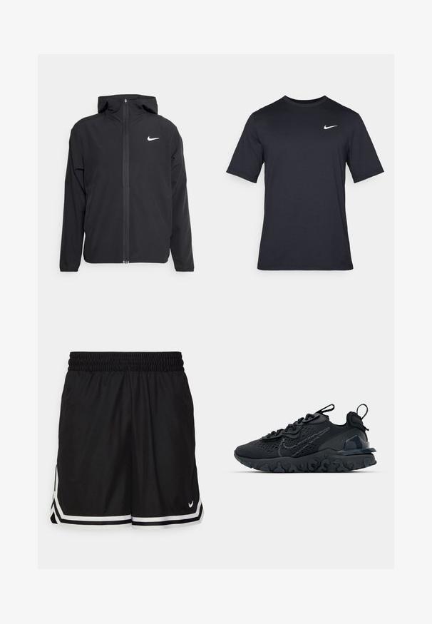 Must musta musta, täis esifrontne lukuga ja diskreetne valge logo vasakul rinnal. Sile tekstuur ja kergkaaluline disain.; Must tume musta Nike t-särk, mis on valmistatud siledast kangast, valge swoosh logo vasakul ülanurgas, ümar kaelus.; Mustad mustad lühikesed püksid, mis on valmistatud hingavast kangast. Neil on sile vöökoht, valged küljeribad ja väike logo alumises paremas nurgas.; Must mustreesne tossudega, millel on hingav võrkmaterjalist pealis, tekstureeritud detailid ja laineline kummist tallaosa. Omab peegelduvat logo ja sidumise süsteemi.