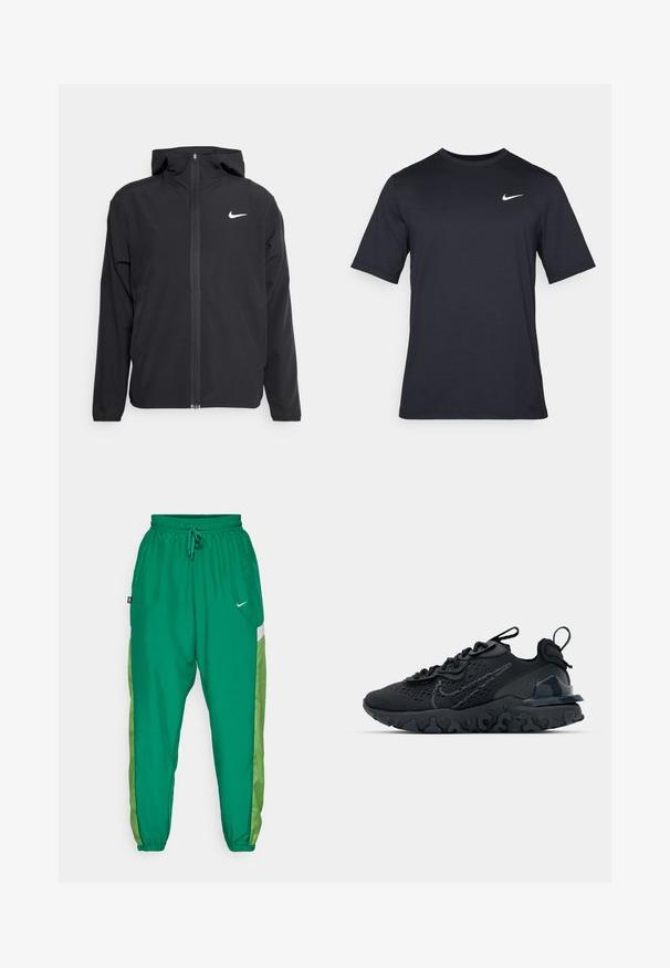 Crna Nike jakna s kapuljačom, punim prednjim patentnim zatvaračem i suptilnim bijelim logotipom na lijevoj strani prsnog koša. Glatka tekstura i lagani dizajn.; Crna kratka majica s kratkim rukavima marke Nike, izrađena od glatkog materijala, s bijelim swoosh logom na gornjoj lijevoj strani, okrugli izrez.; Zelene atletske jogger hlače s mekom teksturom, koje imaju kontrastnu svijetlozelenu bočnu ploču i mali bijeli logotip sprijeda.; Crne atletske cipele s prozračnom mrežastom gornjom djelom, teksturiranim detaljima i valovitom gumenom potplatom. Sadrži reflektirajući logo i sistem vezanja.