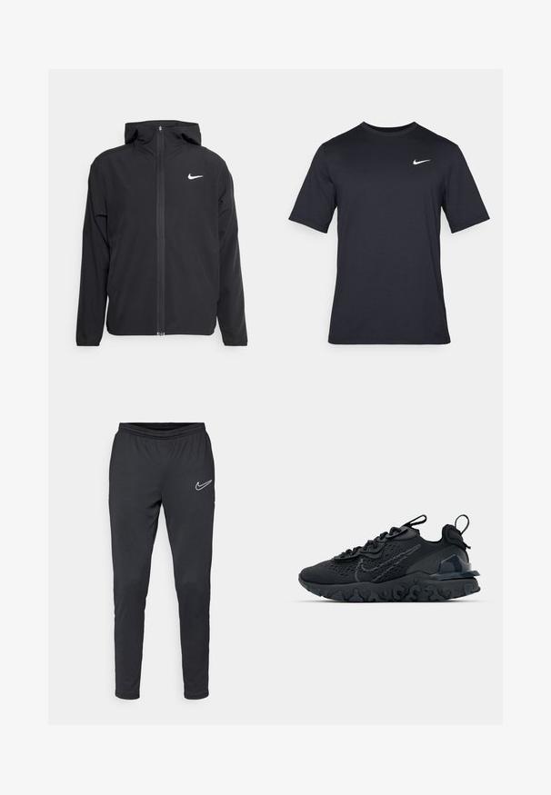 Casaco Nike preto com capuz, fecho frontal completo e um logótipo branco discreto no lado esquerdo do peito. Textura suave e design leve.; T-shirt Nike preto de manga curta, feito de um tecido suave, com um logo swoosh branco no lado superior esquerdo, gola redonda.; Calças atléticas pretas da Nike com cintura elástica, pernas justas e um logótipo branco no lado esquerdo. Tecido liso sem padrões visíveis.; Sapatilha atlética preta com parte superior de malha respirável, detalhes texturizados e sola de borracha ondulada. Apresenta um logotipo reflexivo e um sistema de atilho.