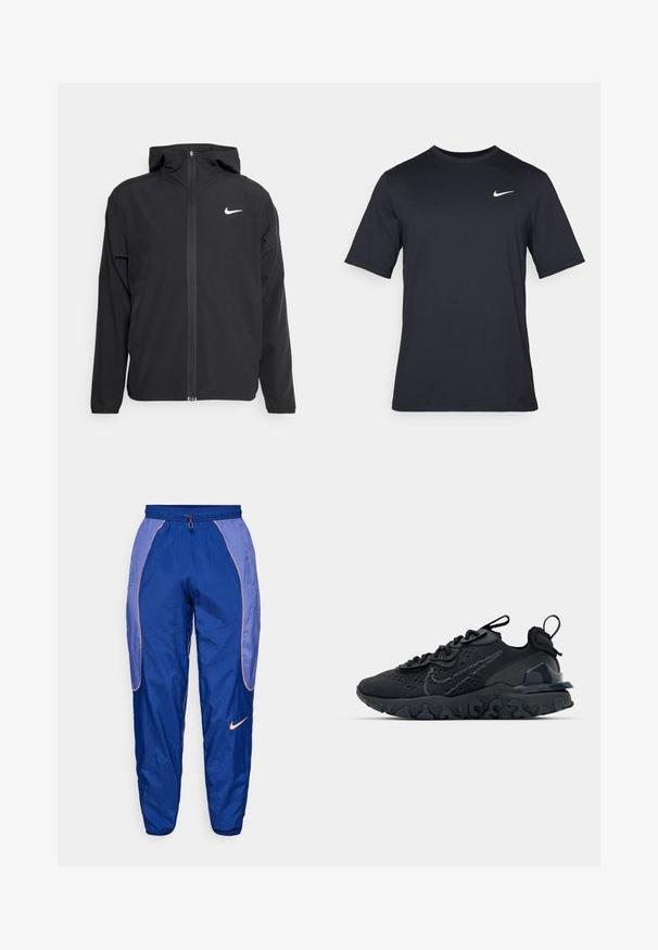Schwarze Nike-Jacke mit Kapuze, vollem Reißverschluss vorne und einem dezenten weißen Logo auf der linken Brust. Glatte Textur und leichtes Design.; Schwarzes, kurzärmliges Nike-T-Shirt aus glattem Material, mit einem weißen Swoosh-Logo auf der oberen linken Seite und Rundhalsausschnitt.; Blaue Nylon-Trainingshose mit elastischem Bund, Kordelzug und orangefarbener Paspelierung. Mit Nike-Logo auf der linken Seite. Glatte Textur, taillierter Schnitt.; Schwarzer Sportschuh mit atmungsaktivem Mesh-Obermaterial, strukturierten Akzenten und einer wellenförmigen Gummisohle. Verfügt über ein reflektierendes Logo und ein Schnürsystem.