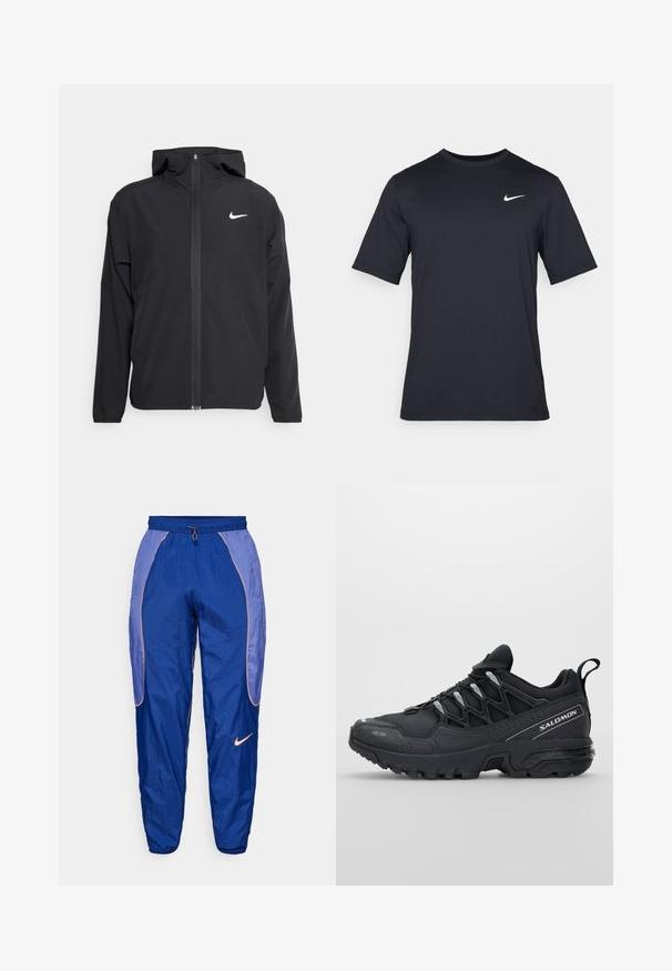 Jachetă neagră Nike cu glugă, fermoar pe toată fața și un logo alb subtil pe pieptul stâng. Textură netedă și design ușor.; Tricou Nike negru cu mânecă scurtă, confecționat dintr-un material neted, având un logo alb în formă de swoosh pe partea stângă sus, cu guler rotund.; Pantaloni sportivi din nailon albastru cu talie elastică, șnur și detalii portocalii. Prezintă logo-ul Nike pe partea stângă. Textură netedă, croială ajustată.; Pantofi sport negri cu o parte superioară din plasă, talpă din cauciuc și accente reflexive. Prezintă o talpă căptușită și un design cu șireturi.