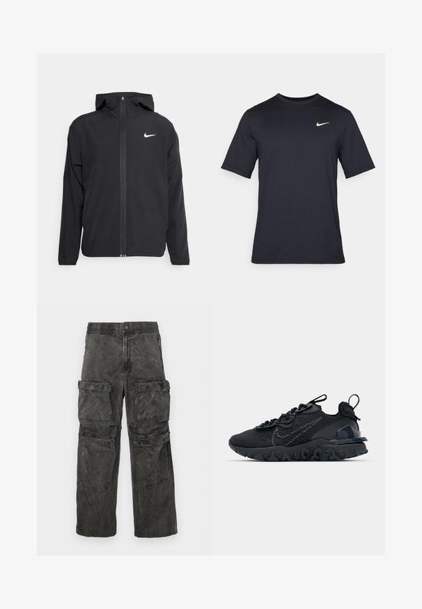 Chaqueta negra de Nike con capucha, cremallera frontal completa y un sutil logo blanco en el lado izquierdo del pecho. Textura suave y diseño ligero.; Camiseta negra de manga corta de Nike hecha de tela suave, con un logo de swoosh blanco en la parte superior izquierda y cuello cuadrado.; Pantalones cargo de tejido negro desgastado, con una cinturilla elástica, múltiples bolsillos laterales y una textura ligeramente lavada.; Zapato deportivo negro con una parte superior de malla transpirable, acentos texturizados y una suela de goma ondulada. Presenta un logotipo reflectante y un sistema de cordones.