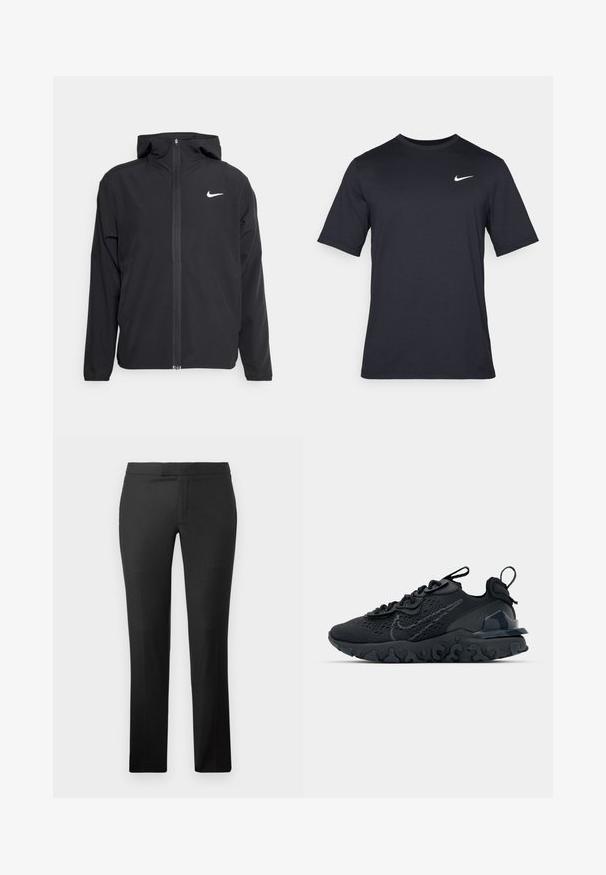 Must musta musta, täis esifrontne lukuga ja diskreetne valge logo vasakul rinnal. Sile tekstuur ja kergkaaluline disain.; Must tume musta Nike t-särk, mis on valmistatud siledast kangast, valge swoosh logo vasakul ülanurgas, ümar kaelus.; Mustad sirged püksid, mis on valmistatud siledast kangast, korraliku eest, ilma nähtavate taskuteta ja puhta vöödisainiga.; Must mustreesne tossudega, millel on hingav võrkmaterjalist pealis, tekstureeritud detailid ja laineline kummist tallaosa. Omab peegelduvat logo ja sidumise süsteemi.