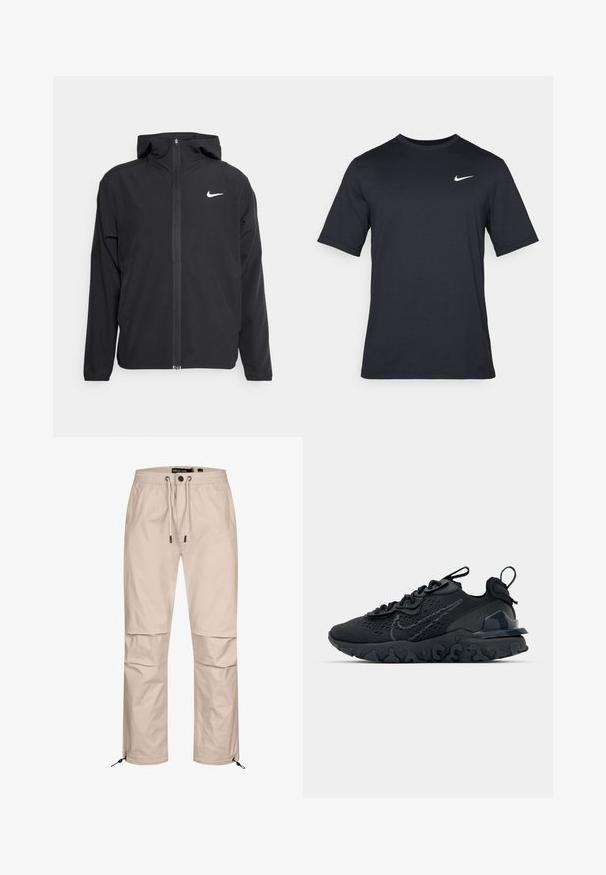Svart Nike-jakke med hette, full frontglidelås og en subtil hvit logo på venstre bryst. Glatt tekstur og lett design.; Svart kortermet Nike t-skjorte laget av glatt stoff, med en hvit swoosh-logo på øvre venstre side, rund hals.; Lys beige cargo bukser med elastisk linning, justerbar snor og lynlåsede underben. Glat stof med sidelommer.; Svart treningssko med et pustende nettobert overdel, teksturerte detaljer og en bølget gummisåle. Har reflekterende logo og snøresystem.