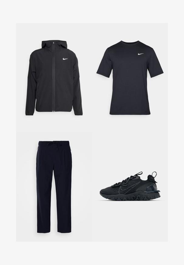 Črna Nike jakna z oblogo, polnim zadrgo in diskretnim belim logotipom na levi strani prsnega koša. Gladka tekstura in lahka zasnova.; Črna kratkotrajna majica Nike iz gladkega materiala, z belim logotipom Swoosh na zgornji levi strani, okrogel izrez.; J.LINDEBERG JIN PLEATED - Hlače - navy; Črne športne čevlje z zračno mrežno zgornjim delom, strukturiranimi dodatki in valovitim gumijastim podplatom. Imajo odsevni logo in sistem vezalk.