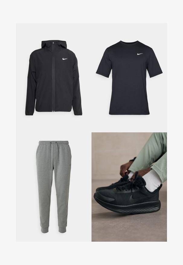 Sort Nike-jakke med hætte, fuld frontlynlås og et diskret hvidt logo på venstre bryst. Glat tekstur og letvægtsdesign.; Sort kortærmet Nike t-shirt lavet af glat stof, med et hvidt swoosh-logo på øverste venstre side, rund halsudskæring.; Grå sweatpants med elastisk talje og snor. Lægger ved anklerne. Flad tekstur med sidelommer og lille logodetalje.; Sorte Nike løbesko har et mesh-overdel, struktureret sål og minimal branding. Designet er strømlinet og atletisk i udseende.
