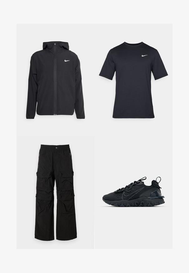 Černá bunda Nike s kapucí, plným předním zipem a decentním bílým logem na levé hrudi. Hladká textura a lehký design.; Černé triko Nike s krátkým rukávem vyrobené z hladké látky, s bílým logem swoosh na horní levé straně, klasický kulatý výstřih.; Černé cargo kalhoty s elastickým pasem, několika velkými kapsami a bočními kapsami na zip. Vyrobeno z lehkého, strukturovaného materiálu.; Černá sportovní bota s prodyšným síťovaným svrškem, texturovanými akcenty a vlnkovou gumovou podrážkou. Obsahuje reflexní logo a systém šněrování.
