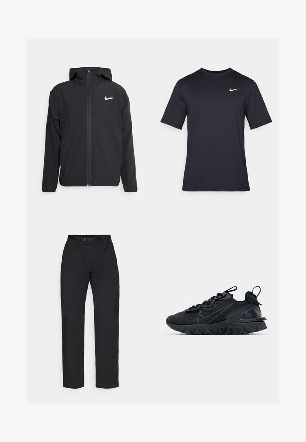 Schwarze Nike-Jacke mit Kapuze, vollem Reißverschluss vorne und einem dezenten weißen Logo auf der linken Brust. Glatte Textur und leichtes Design.; Schwarzes, kurzärmliges Nike-T-Shirt aus glattem Material, mit einem weißen Swoosh-Logo auf der oberen linken Seite und Rundhalsausschnitt.; Schwarze Hose mit geradem Schnitt, aus leichtem Stoff, mit Gürtelschlaufen und Seitentaschen für zusätzlichen Nutzen.; Schwarzer Sportschuh mit atmungsaktivem Mesh-Obermaterial, strukturierten Akzenten und einer wellenförmigen Gummisohle. Verfügt über ein reflektierendes Logo und ein Schnürsystem.