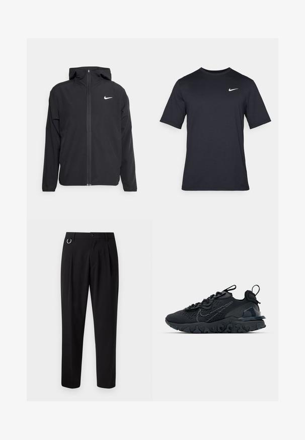 Schwarze Nike-Jacke mit Kapuze, vollem Reißverschluss vorne und einem dezenten weißen Logo auf der linken Brust. Glatte Textur und leichtes Design.; Schwarzes, kurzärmliges Nike-T-Shirt aus glattem Material, mit einem weißen Swoosh-Logo auf der oberen linken Seite und Rundhalsausschnitt.; Schwarze Hose mit geradem Schnitt, gepresster Vorderseite, Gürtelschlaufen und silbernem Ringakzent. Aus glattem Stoff, ohne sichtbare Muster.; Schwarzer Sportschuh mit atmungsaktivem Mesh-Obermaterial, strukturierten Akzenten und einer wellenförmigen Gummisohle. Verfügt über ein reflektierendes Logo und ein Schnürsystem.