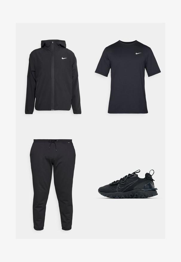 Casaco Nike preto com capuz, fecho frontal completo e um logótipo branco discreto no lado esquerdo do peito. Textura suave e design leve.; T-shirt Nike preto de manga curta, feito de um tecido suave, com um logo swoosh branco no lado superior esquerdo, gola redonda.; Calvin Klein COMFORT LOGO TAPE PANT - Calças de fato de treino - black; Sapatilha atlética preta com parte superior de malha respirável, detalhes texturizados e sola de borracha ondulada. Apresenta um logotipo reflexivo e um sistema de atilho.