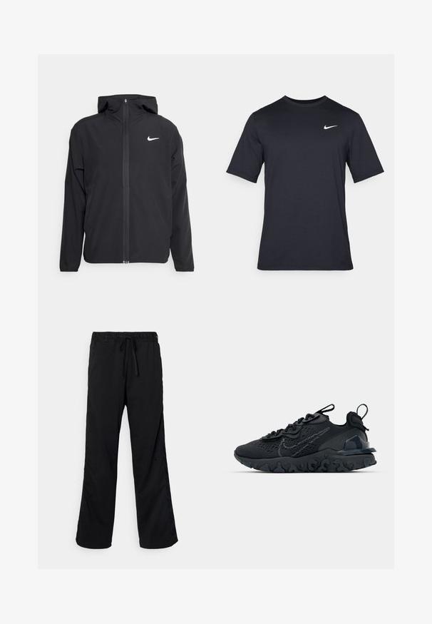 Zwarte Nike-jas met capuchon, volledige ritssluiting en een subtiele witte logo op de linkerborst. Gladde textuur en lichtgewicht ontwerp.; Zwart T-shirt met korte mouwen van Nike, gemaakt van gladde stof, met een wit swoosh-logo op de bovenlinkerzijde, ronde hals.; Zwarte sportbroeken met een elastische tailleband, trekkoordsluiting en zijpanelen. Gemaakt van lichtgewicht stof, met een logo aan de zijkant.; Zwarte sportieve schoen met een ademende bovenkant van mesh, gestructureerde accenten en een golvende rubberen zool. Heeft een reflecterende logo en vetersysteem.
