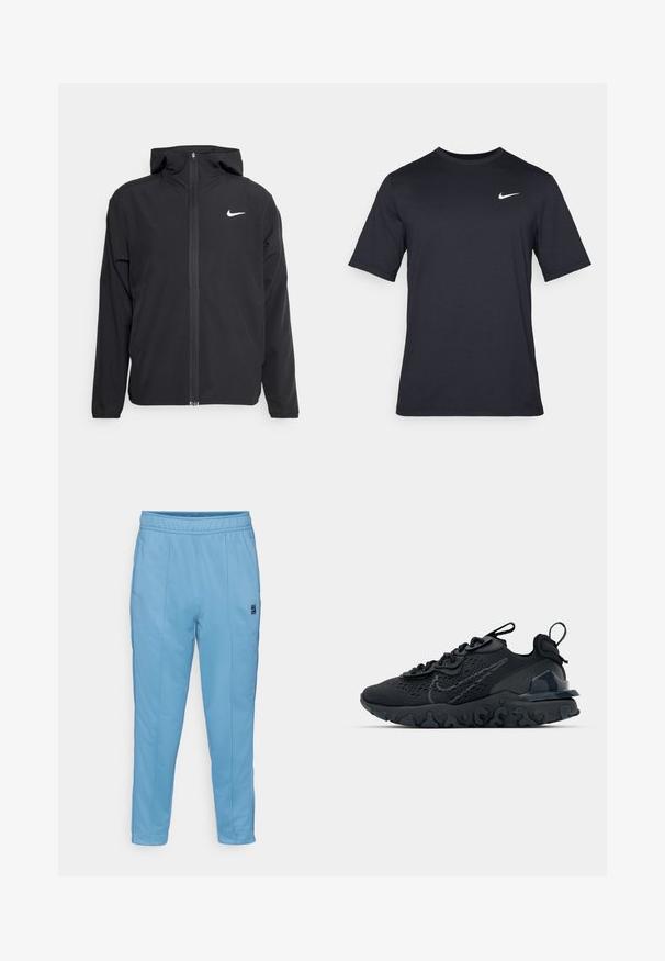 Schwarze Nike-Jacke mit Kapuze, vollem Reißverschluss vorne und einem dezenten weißen Logo auf der linken Brust. Glatte Textur und leichtes Design.; Schwarzes, kurzärmliges Nike-T-Shirt aus glattem Material, mit einem weißen Swoosh-Logo auf der oberen linken Seite und Rundhalsausschnitt.; Helles blauer Trainingshose mit elastischem Bund, schmalem Schnitt und Seitennähten. Enthält ein kleines Logo-Etikett auf der linken Seite.; Schwarzer Sportschuh mit atmungsaktivem Mesh-Obermaterial, strukturierten Akzenten und einer wellenförmigen Gummisohle. Verfügt über ein reflektierendes Logo und ein Schnürsystem.