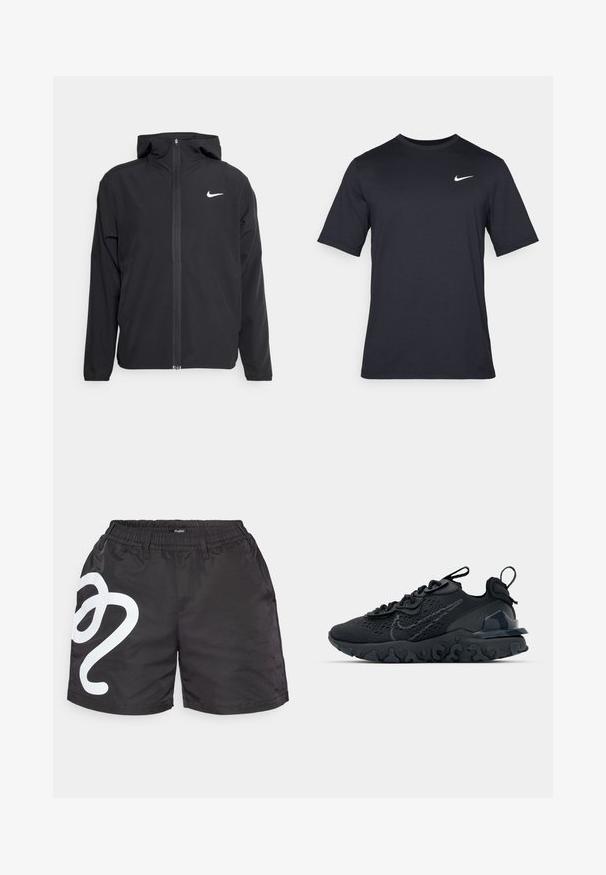 Svart Nike-jakke med hette, full frontglidelås og en subtil hvit logo på venstre bryst. Glatt tekstur og lett design.; Svart kortermet Nike t-skjorte laget av glatt stoff, med en hvit swoosh-logo på øvre venstre side, rund hals.; Sorte atletiske shorts laget av lett materiale, med elastisk midjebånd og stort hvitt grafisk design på venstre bein.; Svart treningssko med et pustende nettobert overdel, teksturerte detaljer og en bølget gummisåle. Har reflekterende logo og snøresystem.