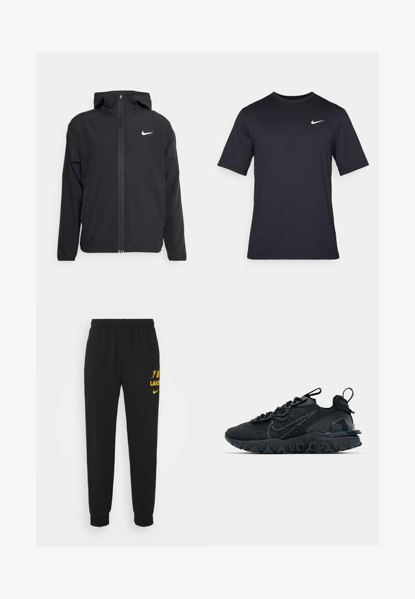 Casaco Nike preto com capuz, fecho frontal completo e um logótipo branco discreto no lado esquerdo do peito. Textura suave e design leve.; T-shirt Nike preto de manga curta, feito de um tecido suave, com um logo swoosh branco no lado superior esquerdo, gola redonda.; Calças de moletom pretas em fleece com punhos em ribana. Apresenta o logo amarelo da Nike e o texto "LAKERS" no lado esquerdo. Cintura elástica para maior conforto.; Sapatilha atlética preta com parte superior de malha respirável, detalhes texturizados e sola de borracha ondulada. Apresenta um logotipo reflexivo e um sistema de atilho.