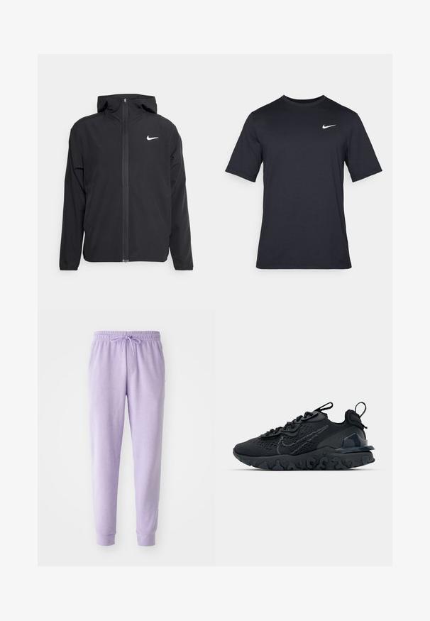 Svart Nike-jakke med hette, full frontglidelås og en subtil hvit logo på venstre bryst. Glatt tekstur og lett design.; Svart kortermet Nike t-skjorte laget av glatt stoff, med en hvit swoosh-logo på øvre venstre side, rund hals.; Lilla joggebukser med elastisk midje og justerbar snor. Har en smal design og ribbede mansjetter. Myk stofftekstur.; Svart treningssko med et pustende nettobert overdel, teksturerte detaljer og en bølget gummisåle. Har reflekterende logo og snøresystem.