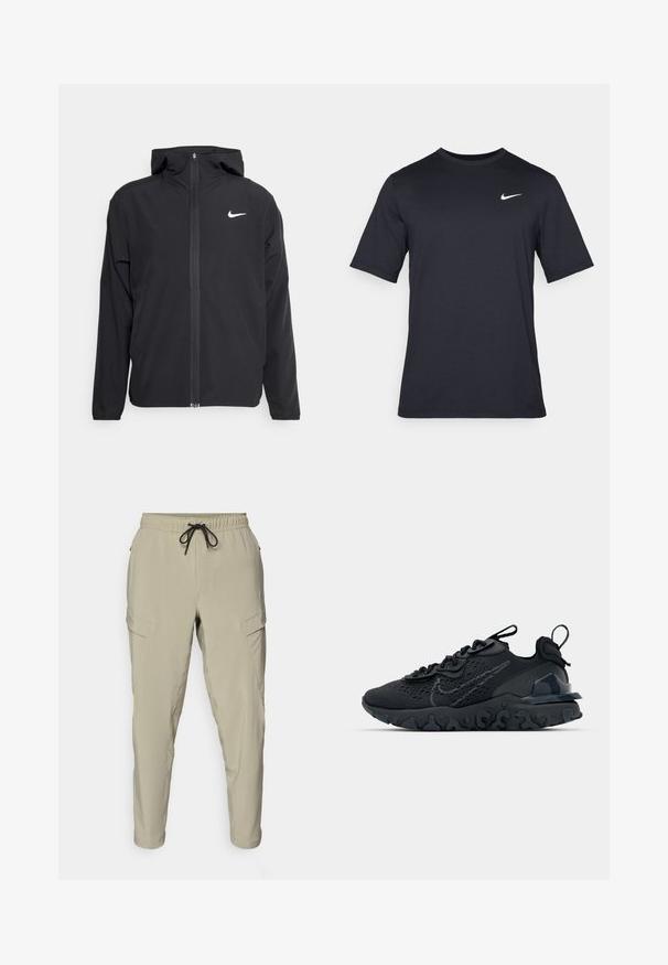 Fekete Nike dzseki kapucnival, teljes hosszúságú cipzárral és egy diszkrét fehér logóval a bal mellrészen. Sima textúra és könnyű kialakítás.; Fekete, rövid ujjú Nike póló sima anyagból, fehér swoosh logóval a bal felső oldalon, kerek nyakkivágással.; Beige cargo nadrág, rugalmas derékpánttal és húzózsinórral, szűkített lábakkal és oldalsó zsebekkel. Könnyű anyagból készült.; Fekete sportcipő légáteresztő hálós felsőrésszel, texturált részletekkel és hullámos gumitalppal. Ráfókuszál a fényvisszaverő logóra és a fűzőrendszerre.