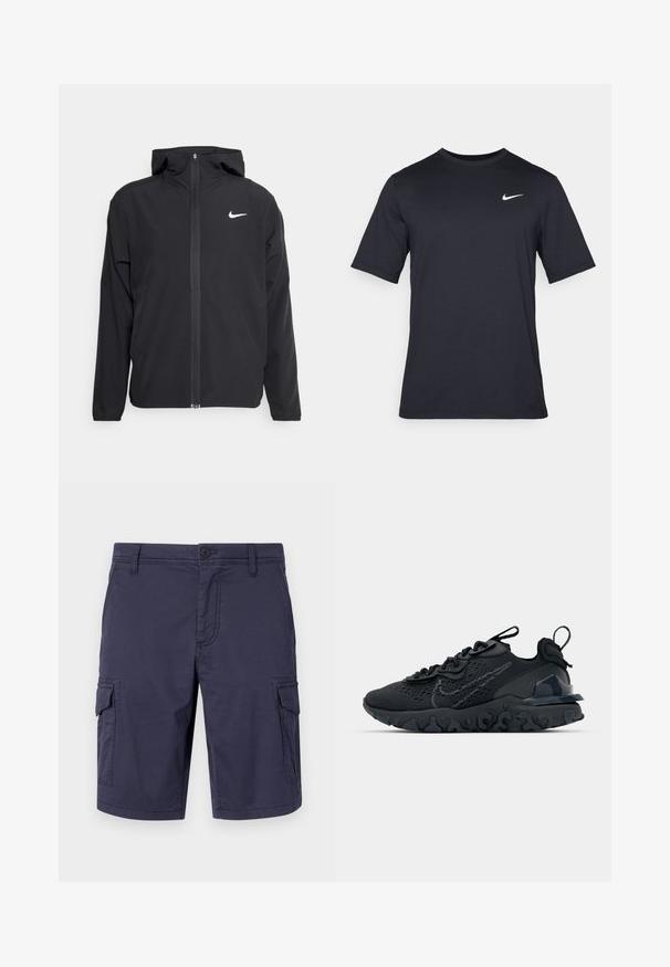 Veste Nike noire avec capuche, fermeture éclair sur toute la longueur à l'avant et un logo blanc discret sur la poitrine gauche. Texture lisse et design léger.; T-shirt noir à manches courtes Nike en tissu lisse, arborant un logo swoosh blanc sur le côté supérieur gauche, col rond.; Shorts cargo bleu marine en tissu durable, dotés de poches latérales, d'une fermeture bouton et d'une finition texturée.; Chaussure de sport noire avec une tige en mesh respirant, des accents texturés et une semelle en caoutchouc ondulée. Comprend un logo réfléchissant et un système de laçage.