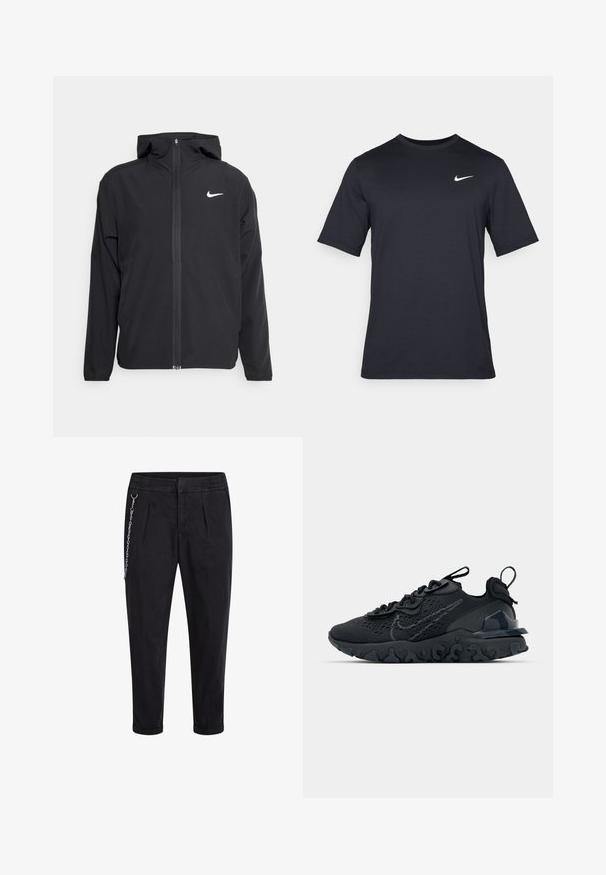 Melna Nike jakna ar kapuci, pilnu priekšējo rāvējslēdzēju un smalku baltu logotipu kreisajā krūtī. Gluda tekstūra un viegla konstrukcija.; Melnas īsām piedurknēm Nike t-krekls, izgatavots no gludas auduma, ar baltu swoosh logotipu augšējā kreisajā pusē, apaļu kakla izgriezumu.; Melnas bikses ar elastīgu jostu, ar priekšējiem uzplatiem un sudraba ķēdes akcentu kreisajā pusē. Kokvilnas sajaukuma audums.; Melnas sporta kurpes ar elpojošu sieta augšdaļu, teksturētām akcentiem un viļņotu gumijas zoli. Iekļauj atstarojošu logotipu un šņorēšanas sistēmu.