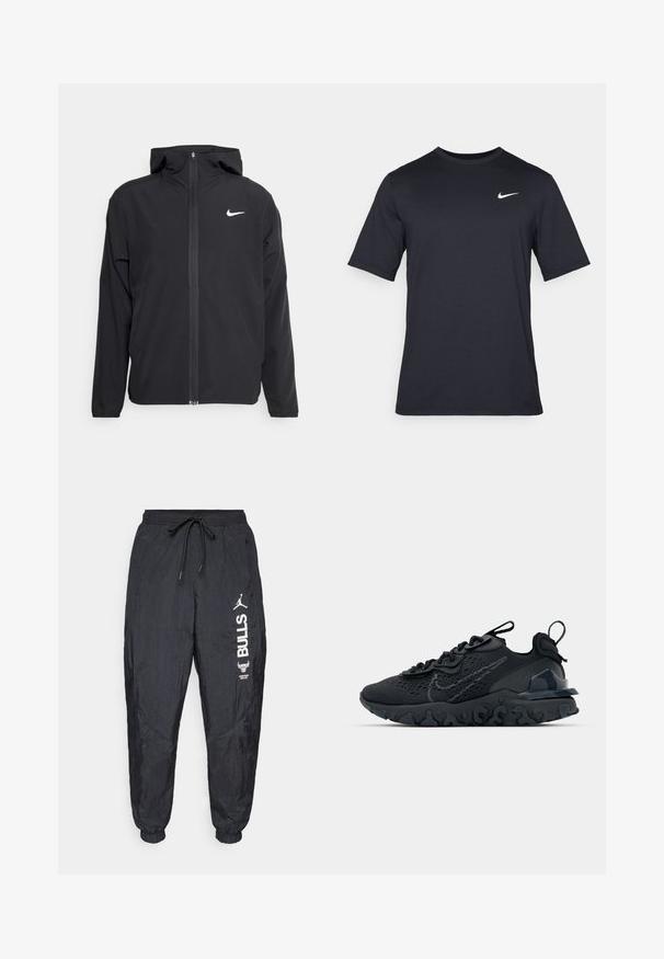 Schwarze Nike-Jacke mit Kapuze, vollem Reißverschluss vorne und einem dezenten weißen Logo auf der linken Brust. Glatte Textur und leichtes Design.; Schwarzes, kurzärmliges Nike-T-Shirt aus glattem Material, mit einem weißen Swoosh-Logo auf der oberen linken Seite und Rundhalsausschnitt.; Schwarze Nylon-Jogginghosen mit elastischen Bündchen, verstellbarem Taillenbund und weißen Chicago Bulls- sowie Jumpman-Logos am rechten Bein.; Schwarzer Sportschuh mit atmungsaktivem Mesh-Obermaterial, strukturierten Akzenten und einer wellenförmigen Gummisohle. Verfügt über ein reflektierendes Logo und ein Schnürsystem.