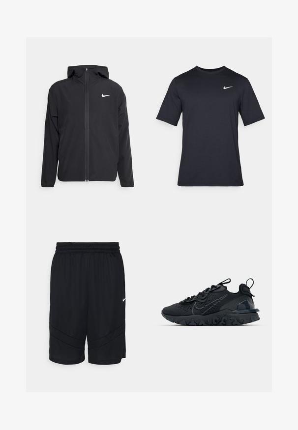 Chaqueta negra de Nike con capucha, cremallera frontal completa y un sutil logo blanco en el lado izquierdo del pecho. Textura suave y diseño ligero.; Camiseta negra de manga corta de Nike hecha de tela suave, con un logo de swoosh blanco en la parte superior izquierda y cuello cuadrado.; Pantalones cortos deportivos negros con textura de malla, cinturilla elástica y diseño de franjas en ángulo a los lados. Incluye un pequeño logo blanco.; Zapato deportivo negro con una parte superior de malla transpirable, acentos texturizados y una suela de goma ondulada. Presenta un logotipo reflectante y un sistema de cordones.