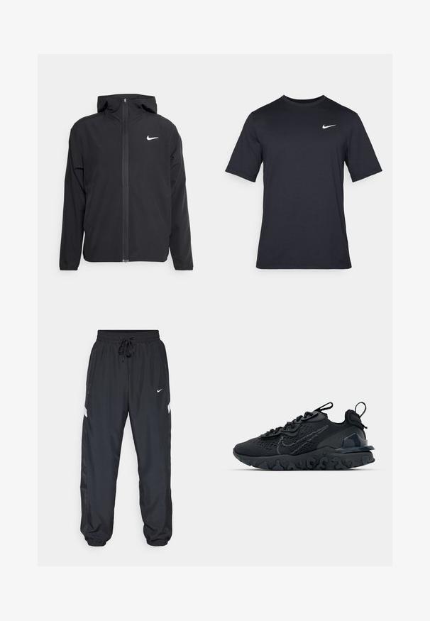 Zwarte Nike-jas met capuchon, volledige ritssluiting en een subtiele witte logo op de linkerborst. Gladde textuur en lichtgewicht ontwerp.; Zwart T-shirt met korte mouwen van Nike, gemaakt van gladde stof, met een wit swoosh-logo op de bovenlinkerzijde, ronde hals.; Zwarte sportbroek met elastische tailleband, verstelbare trekkoord, zijzakken en contrasterende witte streepaccenten langs de zijkanten.; Zwarte sportieve schoen met een ademende bovenkant van mesh, gestructureerde accenten en een golvende rubberen zool. Heeft een reflecterende logo en vetersysteem.