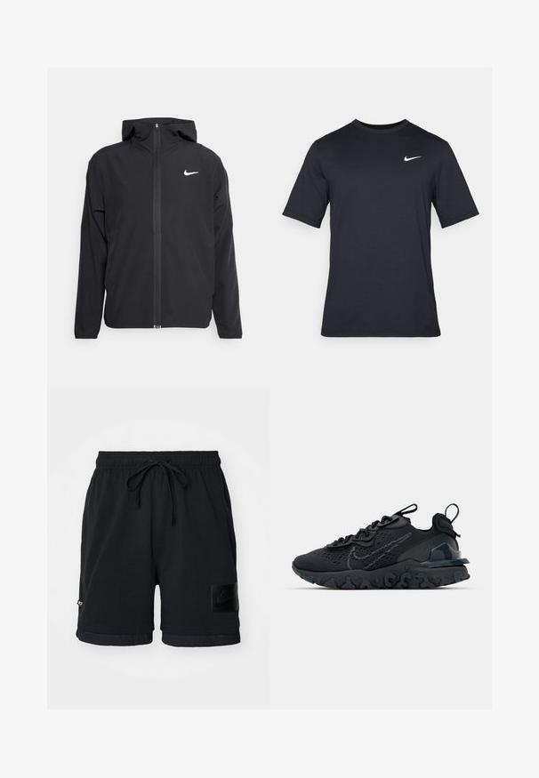Čierna bunda Nike so kapucňou, plným predným zipsom a diskrétnym bielym logom na ľavom prsníku. Hladká textúra a ľahká konštrukcia.; Čierne tričko s krátkym rukávom značky Nike z hladkého materiálu, s bielym logom swoosh na pravej hornej strane, okrúhly výstrih.; Čierne športové šortky s nastaviteľným pásom na šnúrku, hladkým materiálom a bočnou vreckom s lesklou čiernou nášivkou loga Nike.; Čierna atletická topánka s priedušným sieťovaným zvrškom, textúrovanými akcentmi a vlnovou gumovou podrážkou. Obsahuje reflexné logo a systém šnurovania.