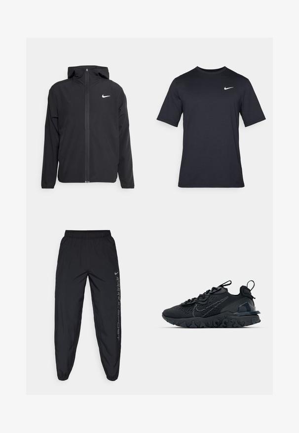 Chaqueta negra de Nike con capucha, cremallera frontal completa y un sutil logo blanco en el lado izquierdo del pecho. Textura suave y diseño ligero.; Camiseta negra de manga corta de Nike hecha de tela suave, con un logo de swoosh blanco en la parte superior izquierda y cuello cuadrado.; Nike Performance FORM PANT - Pantalones deportivos - black/metallic silver; Zapato deportivo negro con una parte superior de malla transpirable, acentos texturizados y una suela de goma ondulada. Presenta un logotipo reflectante y un sistema de cordones.
