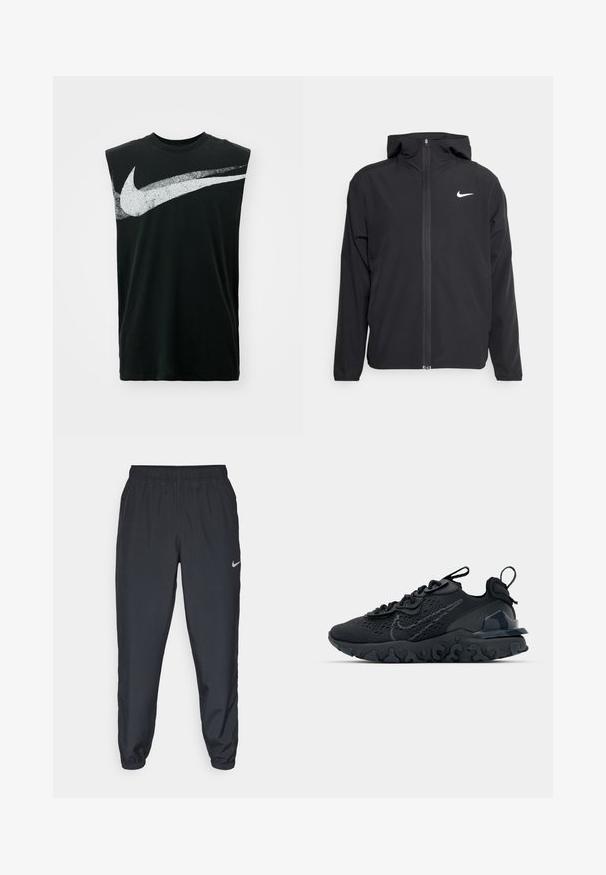 Černá bunda Nike s kapucí, plným předním zipem a decentním bílým logem na levé hrudi. Hladká textura a lehký design.; Nike Performance TEE - Top - black; Černé tepláky vyrobené z lehkého materiálu s elastickým pasem, manžetami na kotnících a diskrétním logem Nike na levé straně.; Černá sportovní bota s prodyšným síťovaným svrškem, texturovanými akcenty a vlnkovou gumovou podrážkou. Obsahuje reflexní logo a systém šněrování.