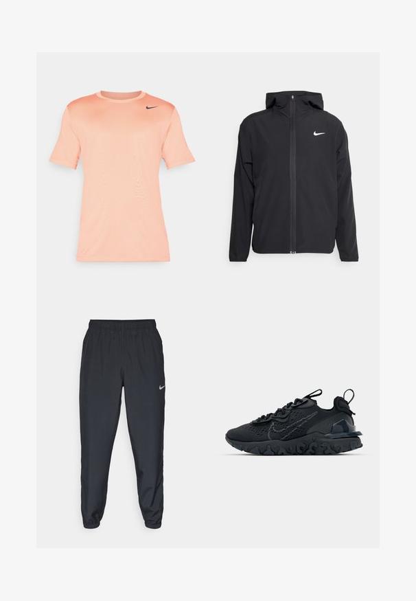 Must musta musta, täis esifrontne lukuga ja diskreetne valge logo vasakul rinnal. Sile tekstuur ja kergkaaluline disain.; Nike lühikeste varrukatega T-särk heledas persikka värvitoonis, valmistatud siledast kangast. Omab ümarat kaelaauku ja musta logo vasakul ülalpool.; Kerged mustad spordipüksid, mis on valmistatud kerge kangaga, elastse vöökoha, pahkluude mansettide ja diskreetse Nike logo abil vasakul külgedel.; Must mustreesne tossudega, millel on hingav võrkmaterjalist pealis, tekstureeritud detailid ja laineline kummist tallaosa. Omab peegelduvat logo ja sidumise süsteemi.
