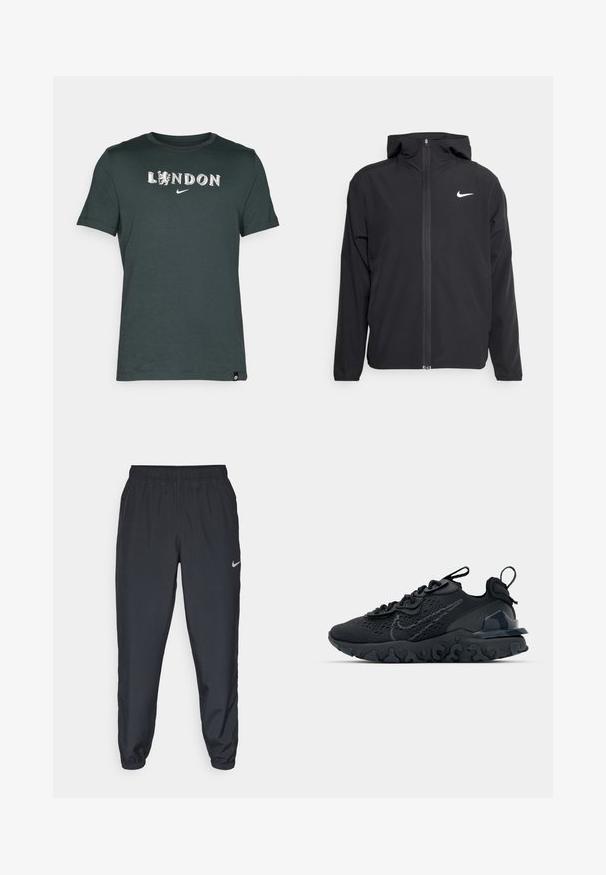 Casaco Nike preto com capuz, fecho frontal completo e um logótipo branco discreto no lado esquerdo do peito. Textura suave e design leve.; T-shirt de algodão verde escuro com o texto "LONDRES" e um gráfico de leão, com o logótipo da Nike. Design de mangas curtas e decote redondo.; Calças de treino pretas feitas de um tecido leve, com um cós elástico, punhos nos tornozelos e um discreto logótipo da Nike no lado esquerdo.; Sapatilha atlética preta com parte superior de malha respirável, detalhes texturizados e sola de borracha ondulada. Apresenta um logotipo reflexivo e um sistema de atilho.
