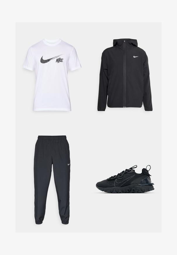Chaqueta negra de Nike con capucha, cremallera frontal completa y un sutil logo blanco en el lado izquierdo del pecho. Textura suave y diseño ligero.; Camiseta de algodón blanca con mangas cortas que presenta un gran logotipo de Nike en negro y el nombre de la marca. Textura suave, escote redondo estándar.; Pantalones deportivos negros hechos de tela ligera con una cinturilla elástica, puños en los tobillos y un discreto logo de Nike en el lado izquierdo.; Zapato deportivo negro con una parte superior de malla transpirable, acentos texturizados y una suela de goma ondulada. Presenta un logotipo reflectante y un sistema de cordones.