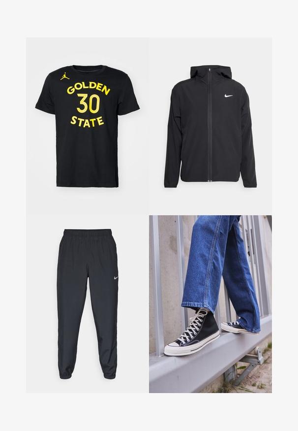 Must musta musta, täis esifrontne lukuga ja diskreetne valge logo vasakul rinnal. Sile tekstuur ja kergkaaluline disain.; Nike Performance NBA GOLDEN STATE WARRIORS STEPHEN CURRY TEE - Klubiriided - black; Kerged mustad spordipüksid, mis on valmistatud kerge kangaga, elastse vöökoha, pahkluude mansettide ja diskreetse Nike logo abil vasakul külgedel.; Mustad mustade kõrgete tossudega, millel on valge tallaga ja valged paelad, koos vaba sinise denimidega, mis puhkavad hallil piiridel.