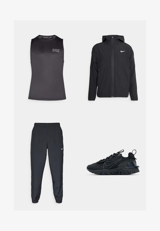 Musta Nike-takki, jossa on huppu, täysimittainen vetoketju edessä ja hienovarainen valkoinen logo vasemmassa rinnassa. Liukas pinta ja kevyt muotoilu.; Musta ilmanhiha toppi, joka on valmistettu sileästä, joustavasta kankaasta. Ominaisuuksiin kuuluu pyöreä kaula-aukko ja painettu logo edessä. Minimalistinen muotoilu.; Mustat juoksuhousut, jotka on valmistettu kevyestä kankaasta, jossa on joustava vyötärö, nilkkasuut ja huomaamaton Nike-logo vasemmalla puolella.; Mustat urheilukengät, joissa on hengittävä verkkomateriaali, kuvioidut yksityiskohdat ja aallokkomuotoinen kumipohja. Varustettu heijastavalla logolla ja nauhajalustalla.