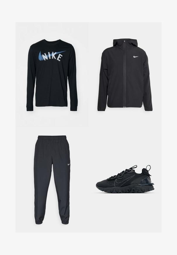 Juodas Nike džemperis su gobtuvu, pilnu priekinio užtrauktuko uždarymu ir subtilia balta logo ant kairiojo krūtinės. Lygus paviršius ir lengvas dizainas.; Nike Performance TEE - Ilgarankovis viršutinės dalies drabužis - black; Juodos sportinės kelnės iš lengvos medžiagos su elastinga juosta, kulkšnies rankovėmis ir diskretišku Nike logotipu kairėje pusėje.; Juoda sportinė avalynė su kvėpuojančiu tinkliniu viršumi, tekstūruotais akcentais ir banguota guma padais. Yra atspindintis logotipas ir raištelių sistema.