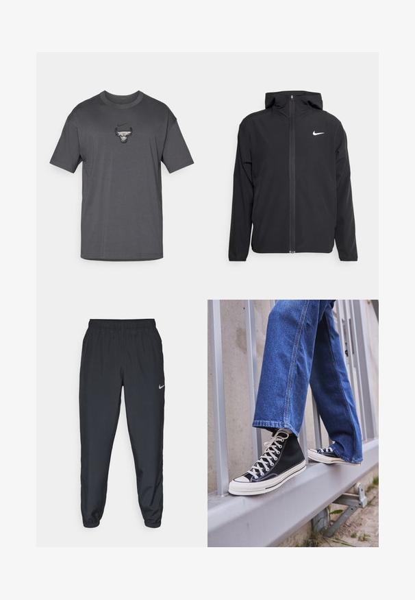 Černá bunda Nike s kapucí, plným předním zipem a decentním bílým logem na levé hrudi. Hladká textura a lehký design.; Šedé bavlněné tričko s krátkým rukávem, kulatým výstřihem, s centrálním logem Chicago Bulls a malým emblémem značky Nike nad ním.; Černé tepláky vyrobené z lehkého materiálu s elastickým pasem, manžetami na kotnících a diskrétním logem Nike na levé straně.; Černé vysoké tenisky s bílou podrážkou a tkaničkami, v kombinaci s volnými modrými džíny, odpočívající na šedém zábradlí.