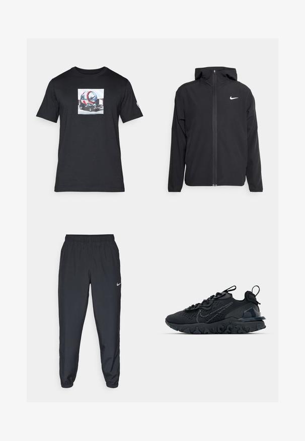 Sort Nike-jakke med hætte, fuld frontlynlås og et diskret hvidt logo på venstre bryst. Glat tekstur og letvægtsdesign.; Sort bomulds t-shirt med et frontprint af en farverig dykkerhjelm på en bil. Kortærmet og design med rund hals.; Sorte træningsbukser lavet af letvægtsstof med elastisk talje, ankelsyninger og et diskret Nike-logo på venstre side.; Sort atletisk sko med en åndbar mesh-overdel, teksturerede detaljer og en bølget gummisål. Har reflekterende logo og snørresystem.