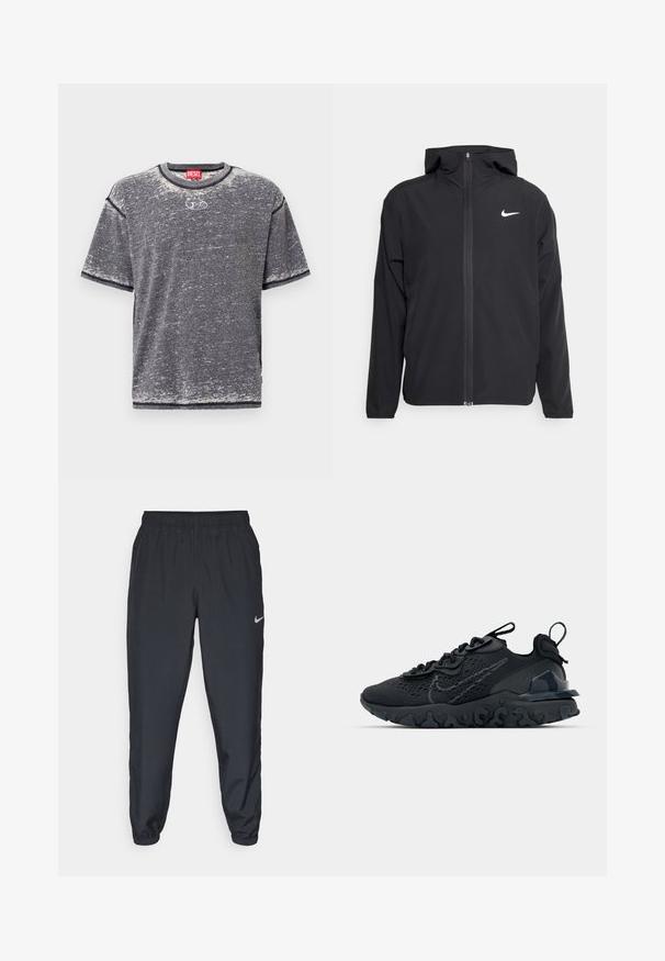 Černá bunda Nike s kapucí, plným předním zipem a decentním bílým logem na levé hrudi. Hladká textura a lehký design.; Šedé tričko s krátkým rukávem vyrobené z měkké tkaniny. Má kulatý výstřih a jemnou tonální texturu. Na přední straně se nachází logo umístěné ve středu.; Černé tepláky vyrobené z lehkého materiálu s elastickým pasem, manžetami na kotnících a diskrétním logem Nike na levé straně.; Černá sportovní bota s prodyšným síťovaným svrškem, texturovanými akcenty a vlnkovou gumovou podrážkou. Obsahuje reflexní logo a systém šněrování.