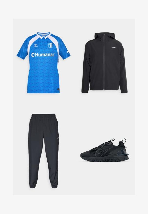 Melna Nike jakna ar kapuci, pilnu priekšējo rāvējslēdzēju un smalku baltu logotipu kreisajā krūtī. Gluda tekstūra un viegla konstrukcija.; Zila un balta 1. FC Magdeburg futbolbumba ar sponsoru logotipiem, hummel zīmola un rakstainu auduma tekstūru.; Melnas sporta bikses, izgatavotas no viegla auduma, ar elastīgu jostasvietu, potīšu malām un diskretu Nike logo kreisajā pusē.; Melnas sporta kurpes ar elpojošu sieta augšdaļu, teksturētām akcentiem un viļņotu gumijas zoli. Iekļauj atstarojošu logotipu un šņorēšanas sistēmu.