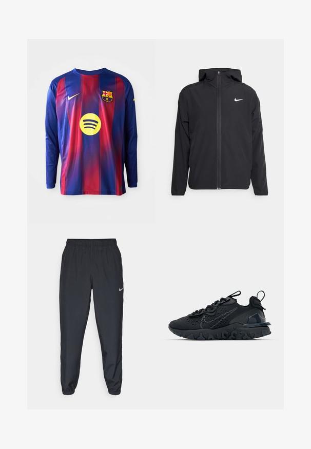 Czarna kurtka Nike z kapturem, pełnym zamkiem z przodu i subtelnym białym logo na lewej piersi. Gładka tekstura i lekka konstrukcja.; Koszulka piłkarska z długimi rękawami, z niebiesko-czerwonymi pionowymi paskami, logo Nike, herb Barcelony oraz okrągłym logo Spotify na środku.; Czarne spodnie dresowe wykonane z lekkiego materiału, z elastycznym paskiem w talii, ściągaczami na kostkach oraz dyskretnym logo Nike po lewej stronie.; Czarne sportowe buty z przewiewną siateczką na cholewce, teksturowanymi akcentami i falistą gumową podeszwą. Zawierają odblaskowe logo oraz system sznurowania.