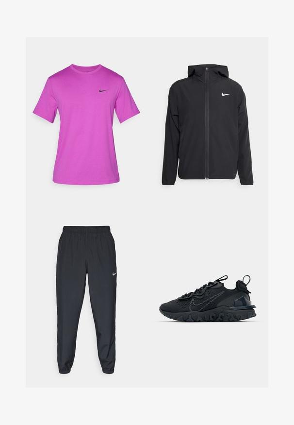 Casaco Nike preto com capuz, fecho frontal completo e um logótipo branco discreto no lado esquerdo do peito. Textura suave e design leve.; T-shirt roxo de manga curta feito de um tecido suave, com um logo preto da Nike na área esquerda do peito. Decote arredondado clássico.; Calças de treino pretas feitas de um tecido leve, com um cós elástico, punhos nos tornozelos e um discreto logótipo da Nike no lado esquerdo.; Sapatilha atlética preta com parte superior de malha respirável, detalhes texturizados e sola de borracha ondulada. Apresenta um logotipo reflexivo e um sistema de atilho.