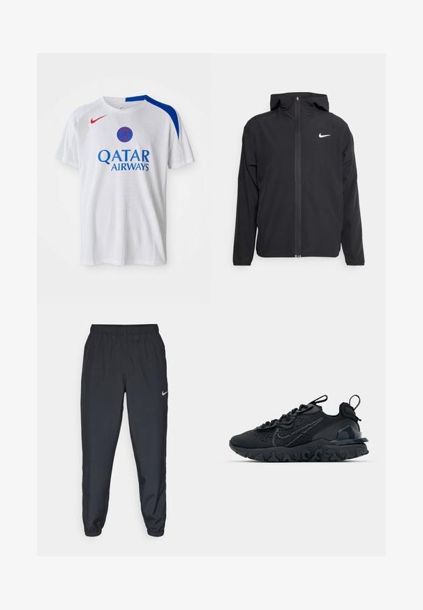 Svart Nike-jacka med huva, fullständig dragkedja fram och en subtil vit logotyp på vänster bröst. Slät textur och lättvikt design.; Vit Nike T-shirt med blå detaljer på axlarna, röd logga och "QATAR AIRWAYS" tryckt i blått på framsidan. Texturerat tyg.; Svarta träningbyxor i lätt tyg med elastisk midja, vristmanchetter och en diskret Nike-logotyp på vänster sida.; Svart idrottssko med ett andningsbart meshöverdrag, texturerade accenter och en vågig gummisula. Utrustad med reflekterande logotyp och snörsystem.