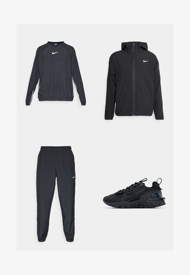 Giacca Nike nera con cappuccio, chiusura frontale con zip e un logo bianco discreto sul lato sinistro del petto. Texture liscia e design leggero.; Maglione nero a maniche lunghe con un collo rotondo, caratterizzato da un logo Nike dorato e strisce laterali bianche. Realizzato in tessuto leggero e liscio.; Pantaloni da jogging neri realizzati in tessuto leggero con cintura elastica, polsini alla caviglia e un logo Nike discreto sul lato sinistro.; Scarpa sportiva nera con tomaia in mesh traspirante, dettagli testurizzati e suola in gomma ondulata. Presenta un logo riflettente e un sistema di allacciatura.