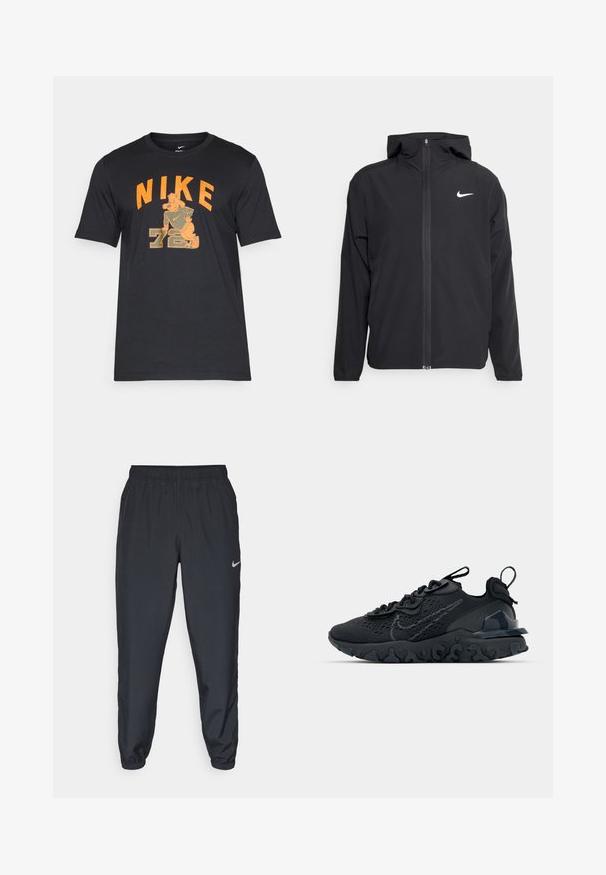 Black Nike jacket featuring a hood, full front zipper, and a subtle white logo on the left chest. Smooth texture and lightweight design.; Black short-sleeve t-shirt featuring bold orange "NIKE" text and a graphic design, with a rounded neckline and standard fit.; Black track pants made from lightweight fabric with an elastic waistband, ankle cuffs, and a discreet Nike logo on the left side.; Black athletic shoe with a breathable mesh upper, textured accents, and a wavy rubber sole. Features reflective logo and lacing system.