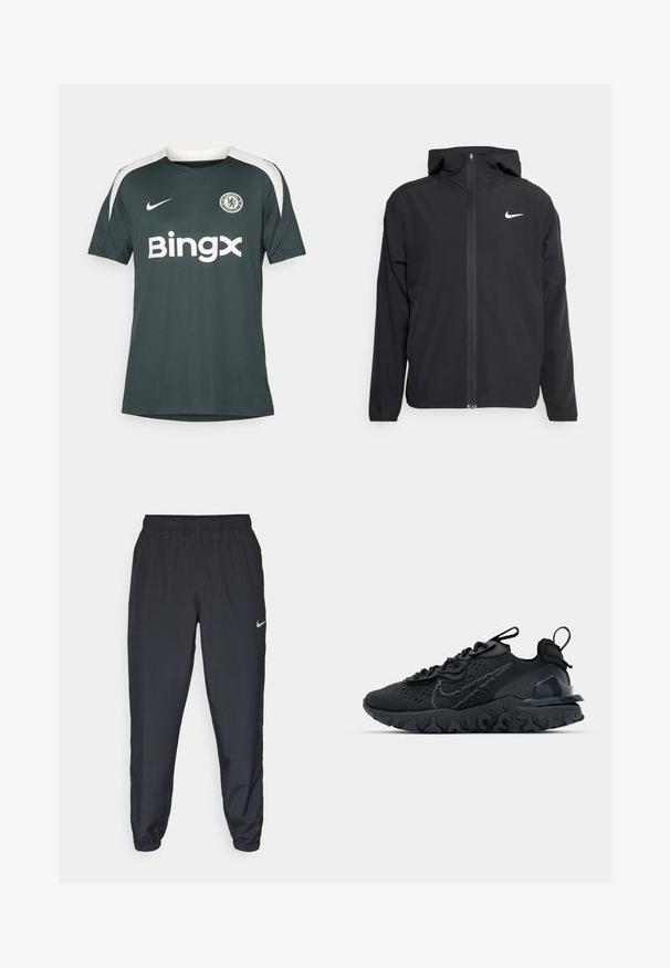 Melna Nike jakna ar kapuci, pilnu priekšējo rāvējslēdzēju un smalku baltu logotipu kreisajā krūtī. Gluda tekstūra un viegla konstrukcija.; Tumši zaļš futbola krekls, kas izgatavots no elpojoša materiāla, ar baltām akcentiem uz pleciem, apļa formā izstrādātu Čelsi logos un "Bingx" logo baltā krāsā.; Melnas sporta bikses, izgatavotas no viegla auduma, ar elastīgu jostasvietu, potīšu malām un diskretu Nike logo kreisajā pusē.; Melnas sporta kurpes ar elpojošu sieta augšdaļu, teksturētām akcentiem un viļņotu gumijas zoli. Iekļauj atstarojošu logotipu un šņorēšanas sistēmu.
