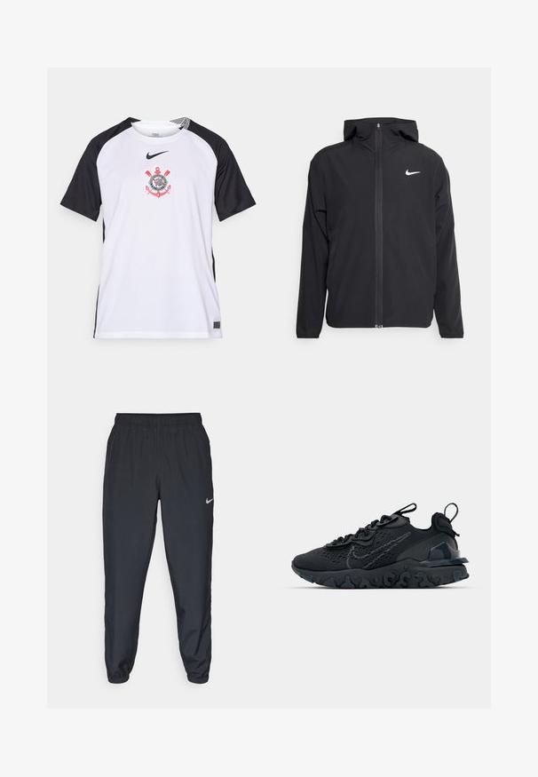 Fekete Nike dzseki kapucnival, teljes hosszúságú cipzárral és egy diszkrét fehér logóval a bal mellrészen. Sima textúra és könnyű kialakítás.; Fehér, rövid ujjú póló fekete ujjakkal, középen piros részletekkel ellátott logóval. Lélegző anyagból készült, ideális sportoláshoz.; Fekete sportnadrág könnyű anyagból, rugalmas derékkel és bokacsatokkal, a bal oldalon egy diszkrét Nike logóval.; Fekete sportcipő légáteresztő hálós felsőrésszel, texturált részletekkel és hullámos gumitalppal. Ráfókuszál a fényvisszaverő logóra és a fűzőrendszerre.